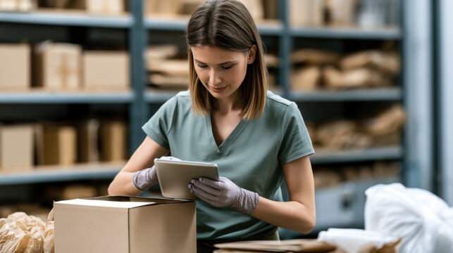 Female returns specialist using tablet to process customer return beside cardboard box in warehouse