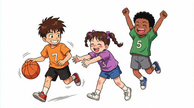 Happy Children Playing Basketball and Soccer Together in a Fun Group Sports Activity Cartoon Vector Illustration