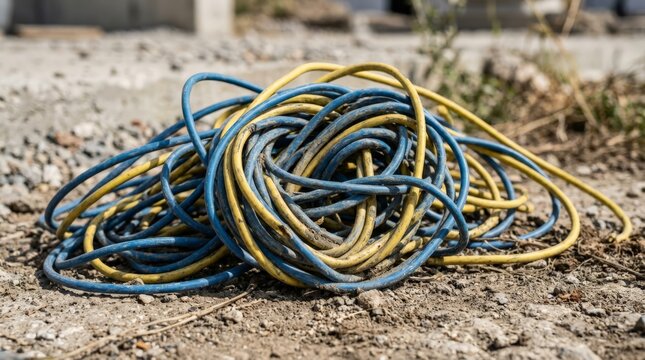 A pile of discarded copper wire scrap, featuring tangled yellow and blue cables resting on a dusty construction site ground outdoors, ready for recycling and waste processing