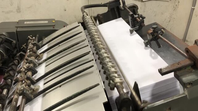Automatic paper folding machine feeding stack of white paper sheets in printing press