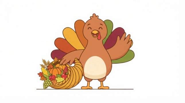Cartoon turkey standing beside a cornucopia for Thanksgiving.