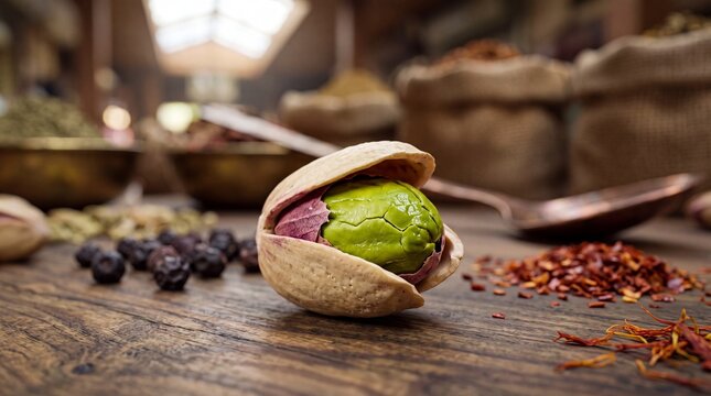 Macro of single Turkish pistachio in open shell with spices on wooden rustic market table