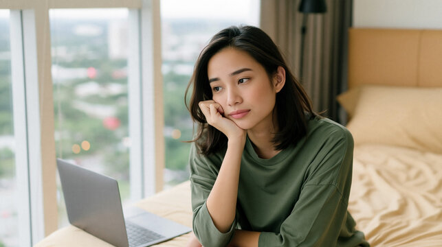 Thoughtful young Asian woman resting her head on her hand beside an open laptop in a softly lit bedroom with city views through large windows
