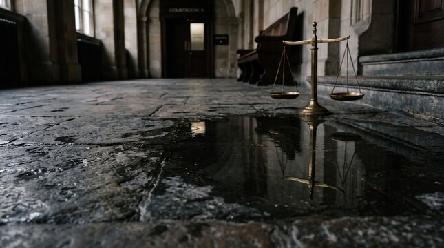 Vintage brass scales of justice on stone floor, legal symbol in dark gothic hallway, law and order concept in historic courthouse interior