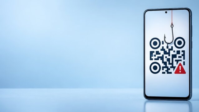 Smartphone Displaying QR Code Phishing Hook and Warning Symbol With Copy Space