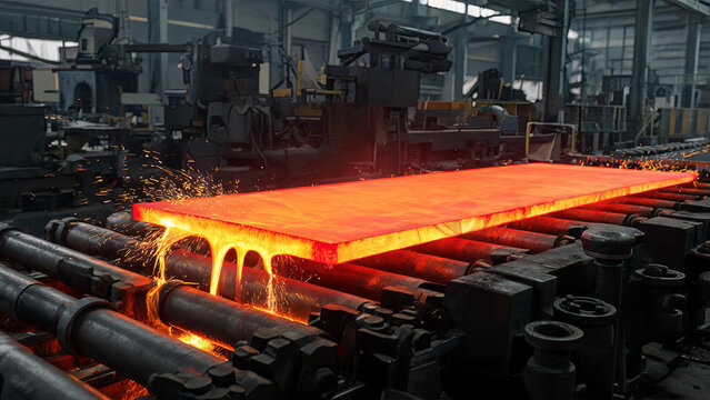 A red-hot molten steel plate travels on a roller conveyor inside an industrial steel manufacturing facility, with sparks and molten drips visible.