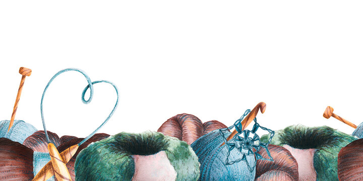 Seamless border set of yarn balls, wooden needles, crochet tools, floral motif hand drawn watercolor illustration. Cozy design element for fabric print, wallpaper, textile, stationery, wrapping paper.