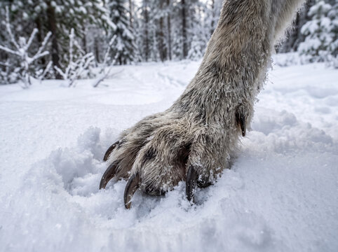 Wolf paw pressing into snow with sharp claws and fur in cold winter forest landscape