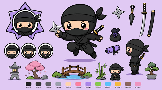 Cute ninja cartoon character asset sheet with weapons and scenery.