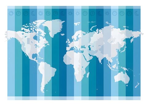 World map with vertical time zone stripes and weather icons