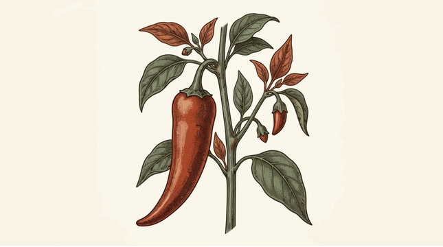 Red chili pepper plant botanical vintage vector illustration