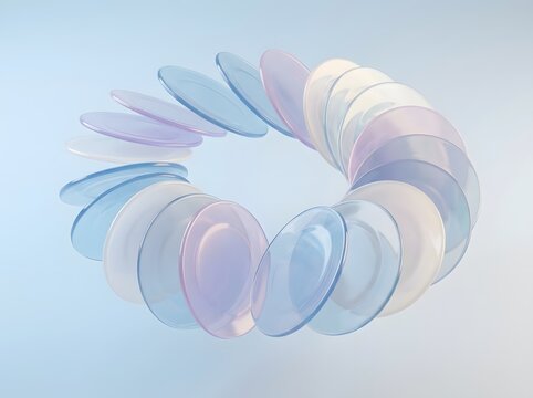 Abstract composition of translucent glass discs arranged in a circular ring formation
