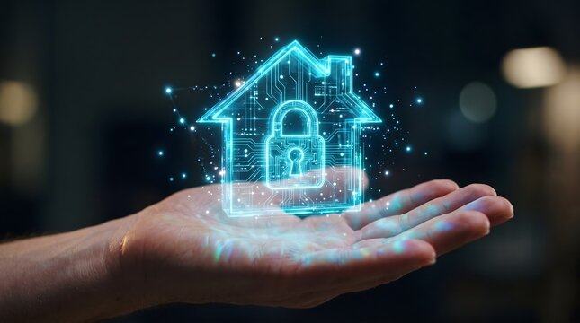 Digital house security hologram with lock icon.