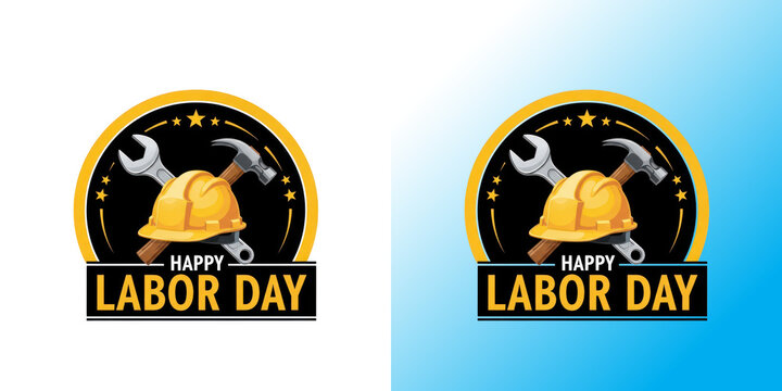 Pixel art labor day badge with yellow helmet and tools isolated on white background