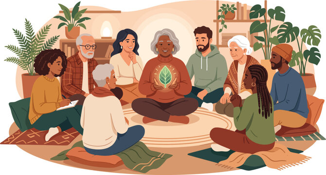 Group attending wellness teaching session, diverse people in a circle, mindful gathering