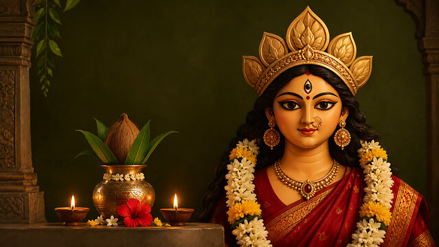 Traditional goddess durga idol with kalash diyas and floral garland celebrating maha panchami durga puja and navratri in sacred temple worship setting