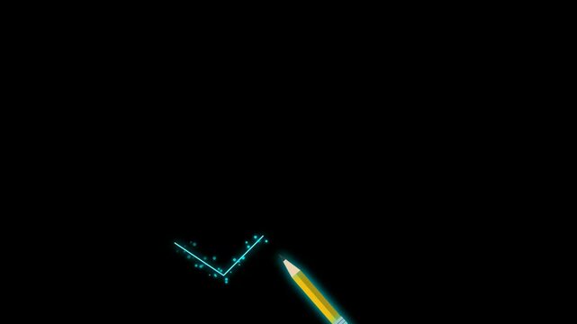 A glowing neon zigzag line being drawn by a yellow pencil on a dark black background with sparkling particles