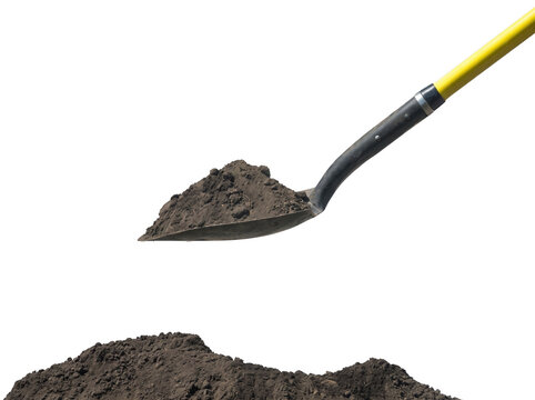 Shovel carrying a pile of dark rich garden soil over a dirt mound