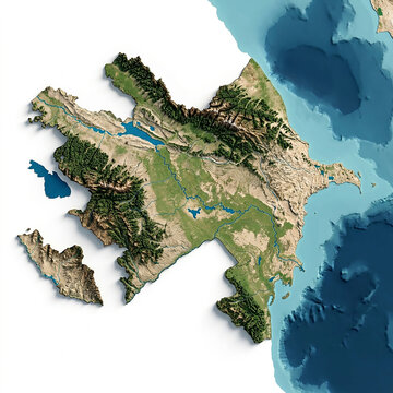 Topographic map of azerbaijan showing terrain relief and elevation with the caspian sea in the background