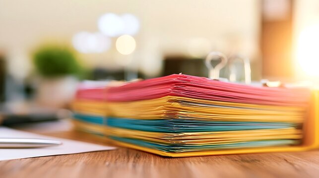 Stack of vibrant colorful paper folders resting on a wooden office desk under soft glowing warm natural morning sun lighting