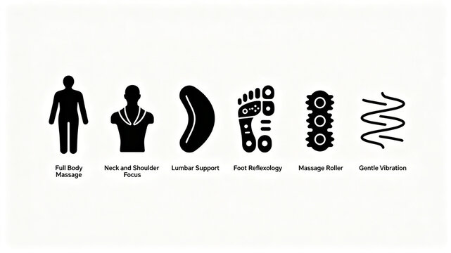 Solid silhouette full body massage function icon, representing multi part massage and foot reflex therapy, suitable for promoting home massage equipment.
