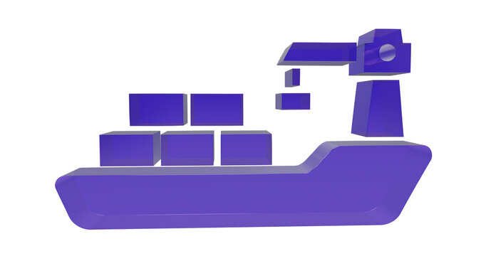 3D blue container ship icon with loading crane isolated on a clean white background illustration