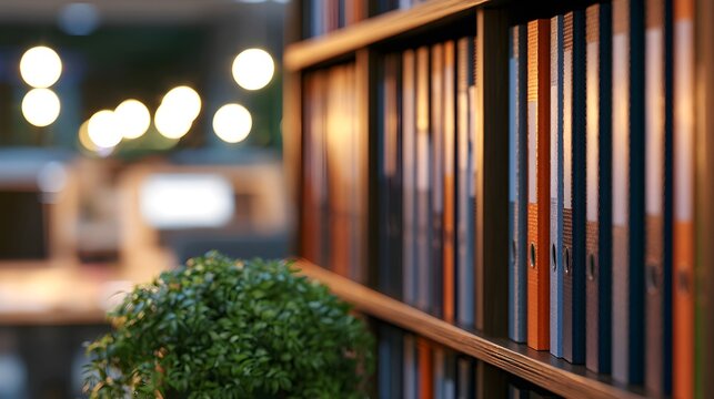Row of colorful office binders resting on a wooden shelf inside a softly lit modern professional business workplace environment today
