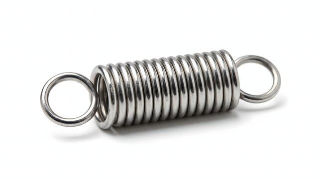 Industrial metal spring isolated on white for mechanical hardware supply.