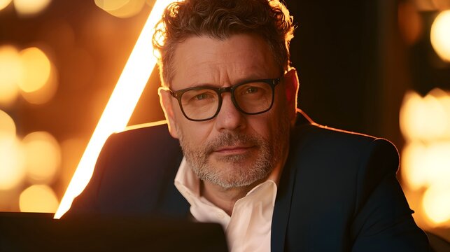 Mature professional man wearing stylish black framed glasses and a dark business suit posing confidently during a night office photoshoot