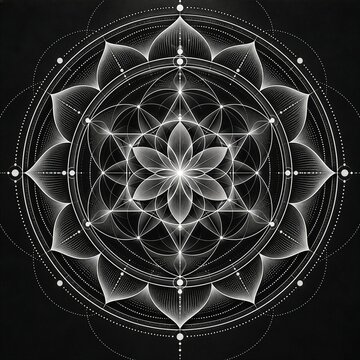 Intricate Geometric Mandala with Sacred Geometry on Black Background