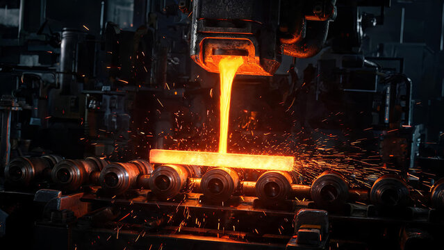 Molten metal is poured onto a glowing hot steel bar resting on rollers in an industrial foundry workshop, with sparks flying during metal processing.