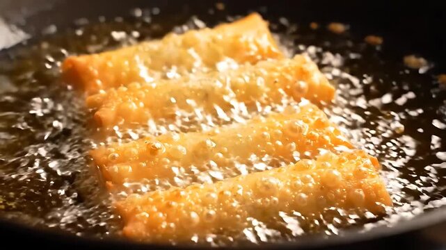 Spring Rolls Frying in Hot Oil, Bubbling and Turning Golden Brown in a Pan. Food Preparation Cooking Process Footage.
