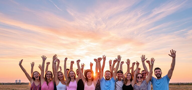 At an outdoor corporate event, a diverse team joyfully raises their hands, symbolizing unity and achievement.