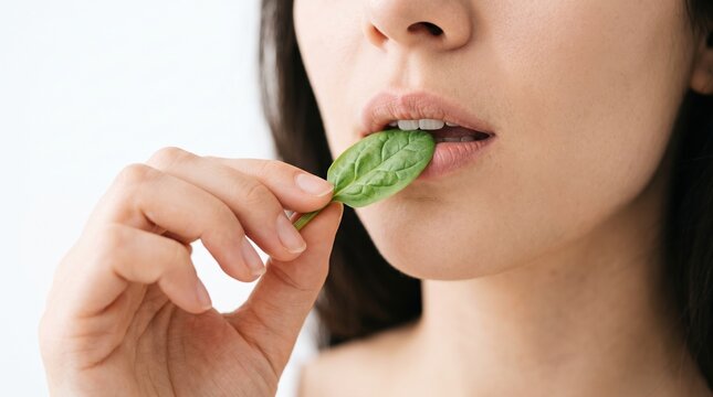 Healthy eating brings joy. Fingers feed a fresh, crisp baby spinach leaf directly into an open mouth for raw leafy green nutrition.