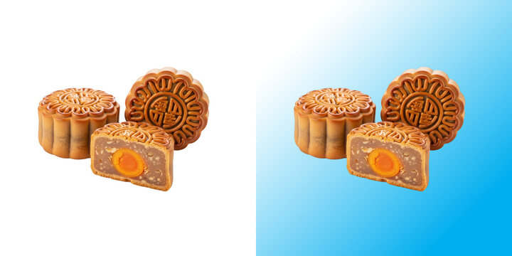 Three delicious traditional mooncakes with egg yolk filling for the chinese mid autumn festival
