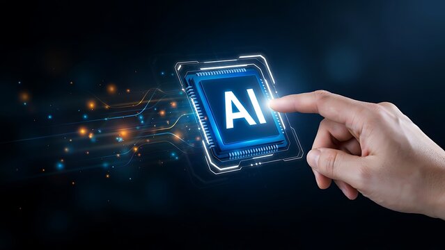 Human hand touching a glowing virtual AI artificial intelligence button with digital circuit details on dark background