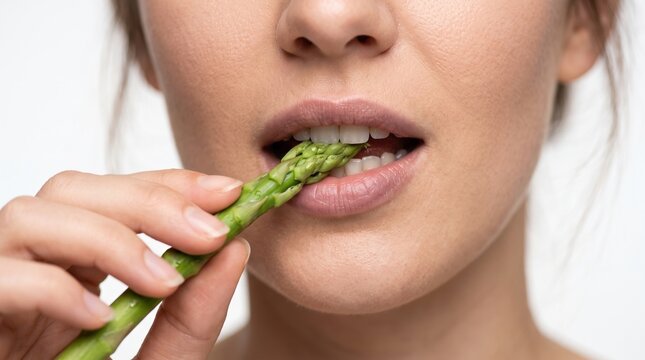 Healthy eating brings joy. Lips take in a tender cooked green asparagus spear, enjoying a nutritious and savory vegetable bite.