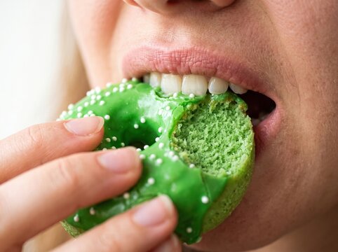 Healthy eating brings joy. Strong teeth bite through the glossy green glaze and white sprinkles of a colorful, sweet bakery donut.