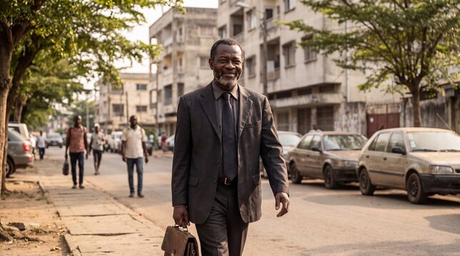 Ivorian businessman walking with a briefcase downtown