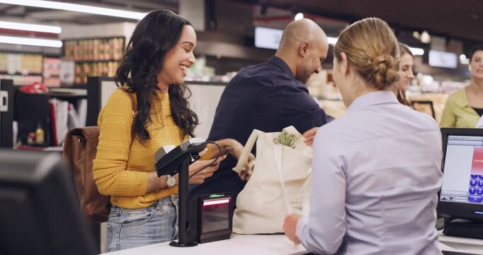 Woman, grocery shopping and bag for cashier, purchase and produce for diet options in store. People, smile and customer in supermarket with check out aisle for wellness, health and friendly service