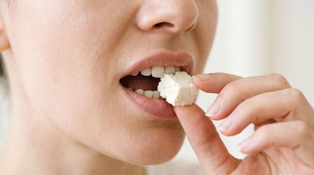 Healthy eating brings joy. Fingers place a small white cube of crumbly, savory feta cheese into a mouth to savor its tangy richness.