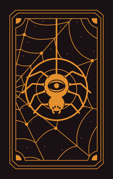 Magic tarot card with spider on web. Magic esoteric tarot, spiritual card design with gold line frame, sacred occult pattern, outline ornament. Mystic eye on spider, web pattern. Vector illustration