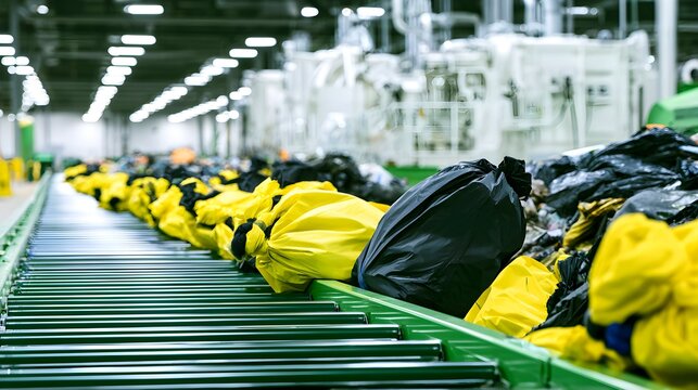 Black and yellow plastic garbage bags moving along automated green metal conveyor belt inside industrial waste recycling sorting processing facility
