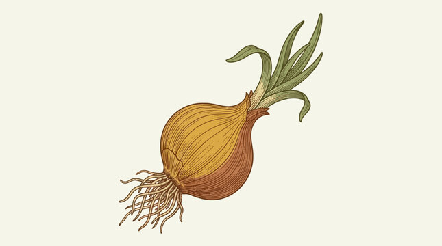 Vintage hand drawn onion with green sprouts and roots illustration