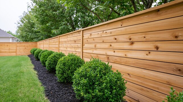 The Wooden Fence Framed by Neatly Trimmed Boxwoods in a Backyard