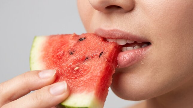 Healthy eating brings joy. Parted lips bite into a wedge of crisp, ripe red watermelon to savor its sweet, hydrating summer nectar.