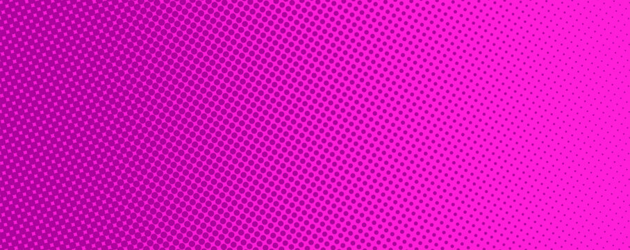 Abstract halftone texture with dotted pattern. Pink and magenta gradient overlay with noise transition effect. Horizontal wallpaper with point print gradation and dissolve fading. Vector illustration.