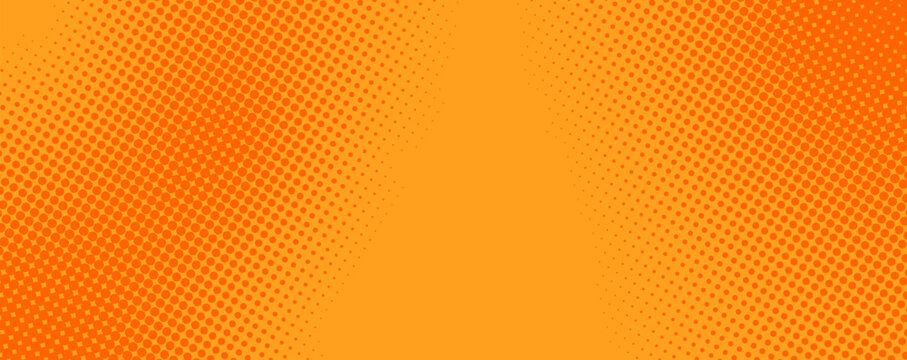 Abstract halftone texture with dotted pattern. Orange gradient overlay with noise transition effect. Horizontal wallpaper with point print gradation, colour fading and dissolve. Vector illustration.