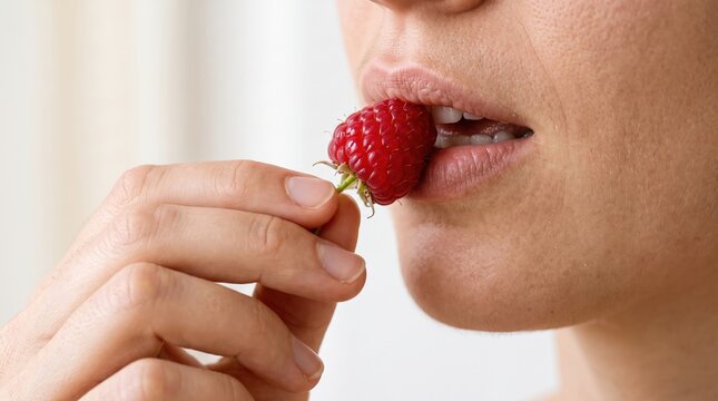 Healthy eating brings joy. Fingers lift a vibrant, ripe red raspberry directly toward parted lips for a sweet, tart organic berry bite.