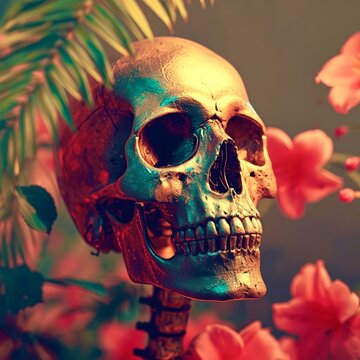 Skull glows with red and blue neon light